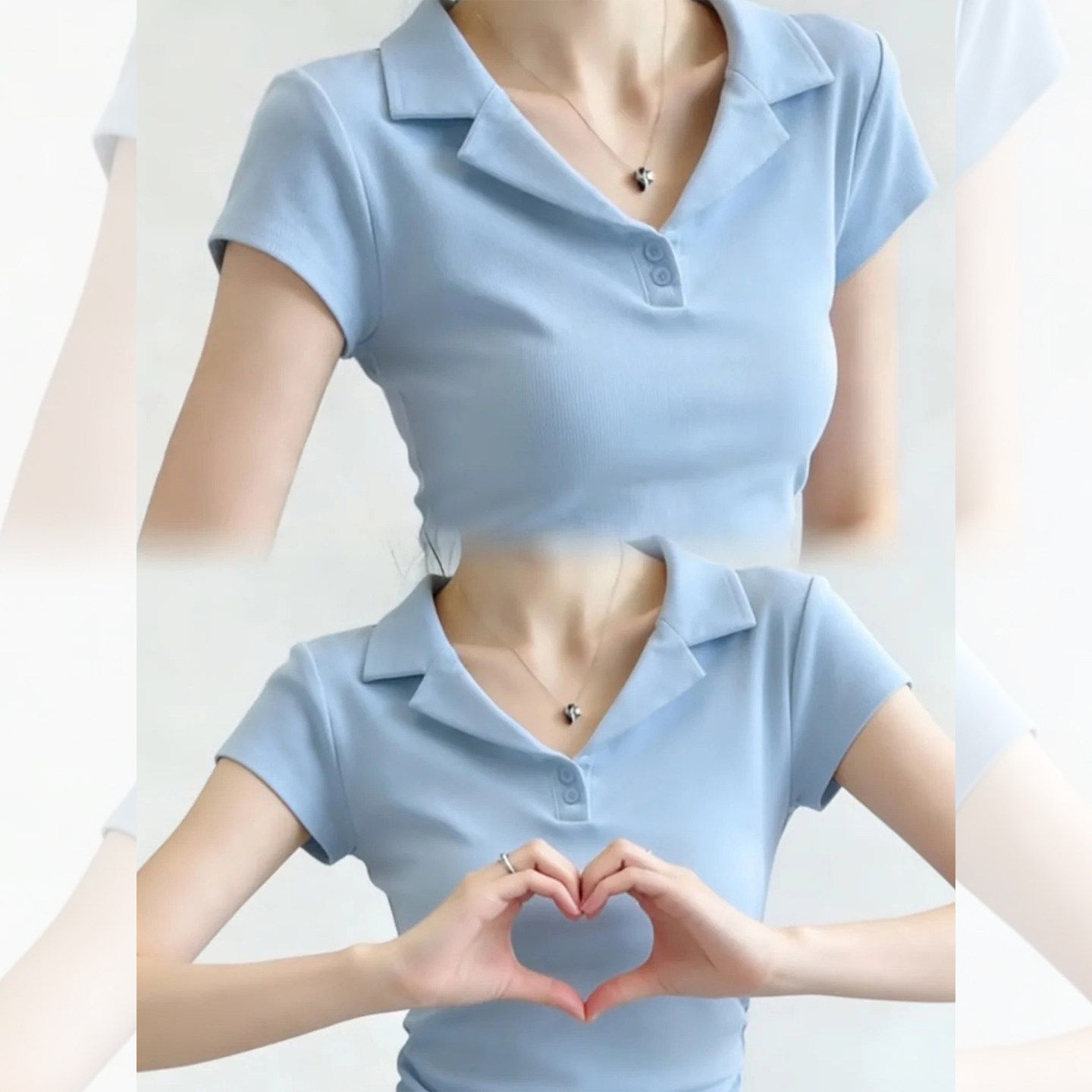 蓝色pol领T恤短袖女上衣夏图片