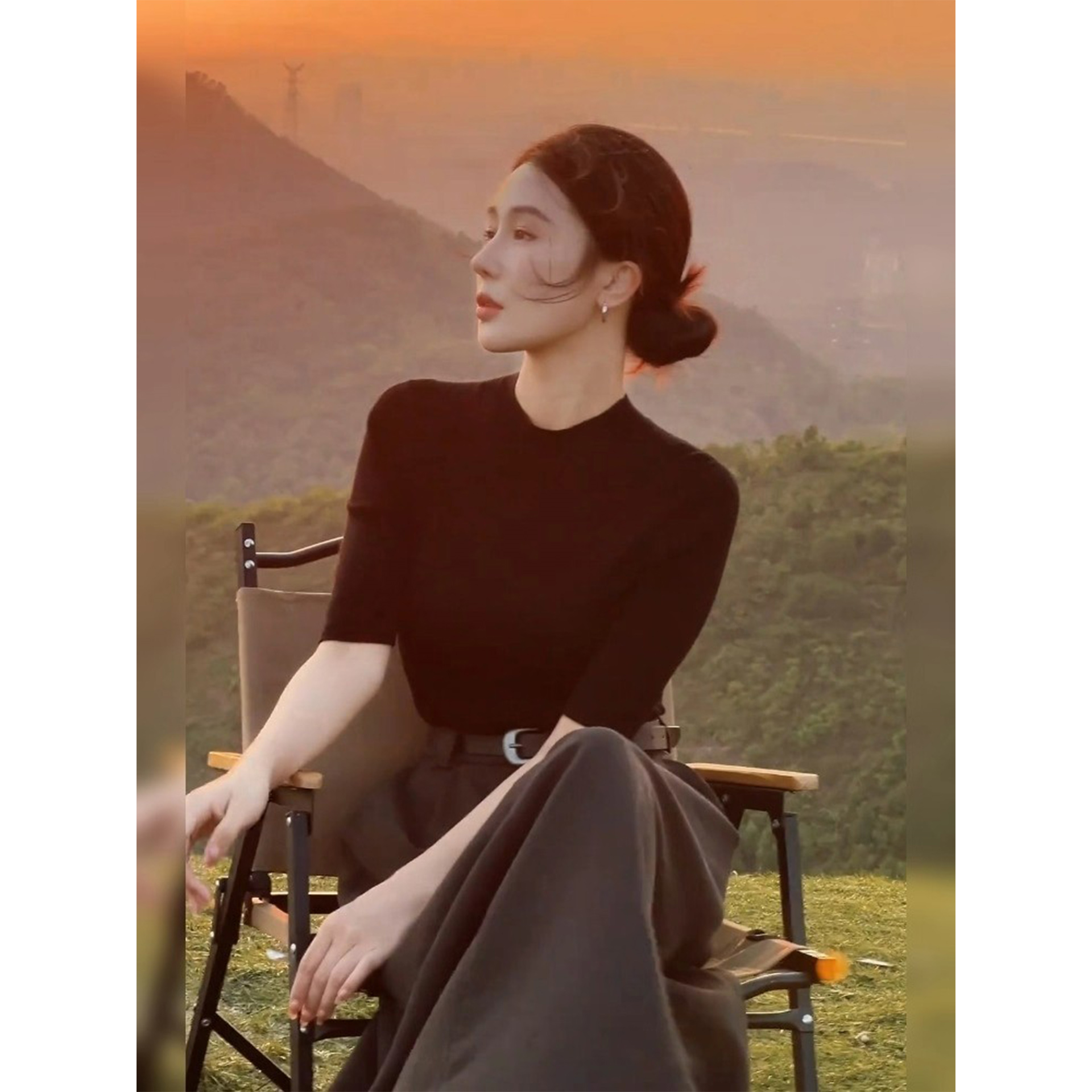 黑色小立领五分袖打底衫女秋季超好看的独特漂亮七分袖针织衫上衣