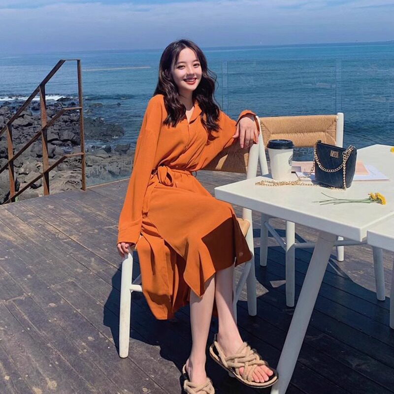 法式度假风衬衫裙女2026秋季新款Polo领收腰显瘦中长款A字连衣裙