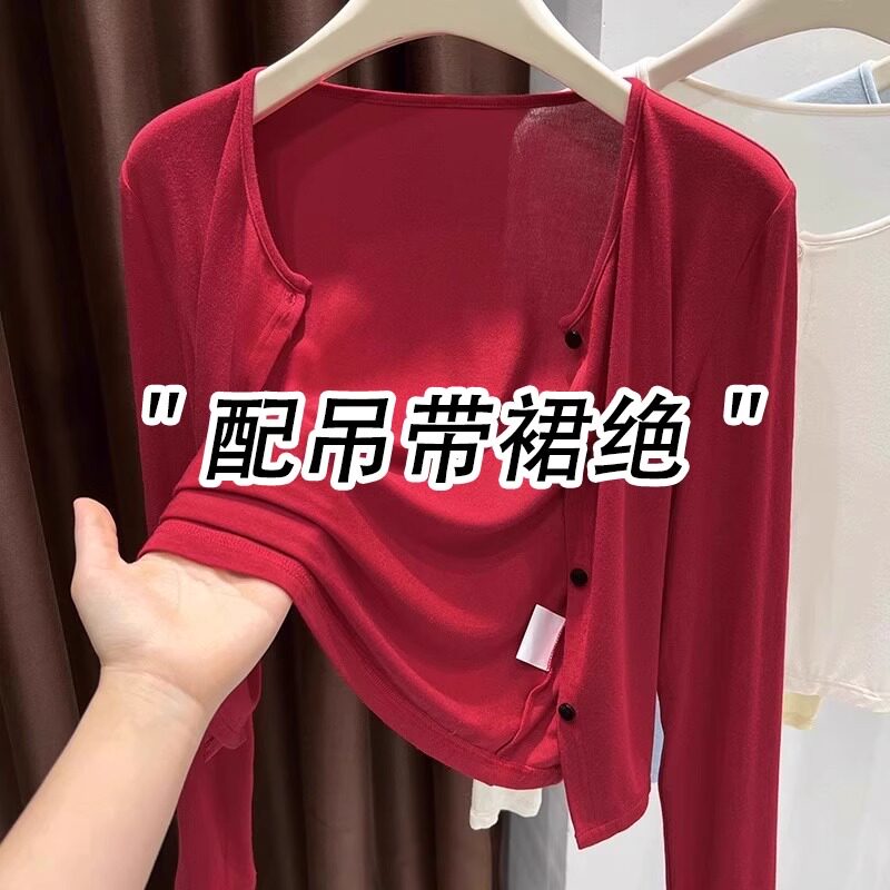 复古红色防晒开衫女夏季配图片