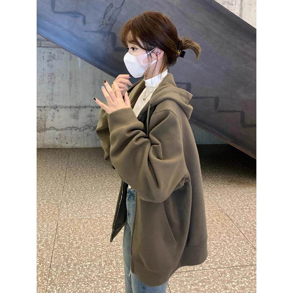 连帽蓝色卫衣外套女2026秋季新款韩版宽松中长款休闲运动拉链开衫