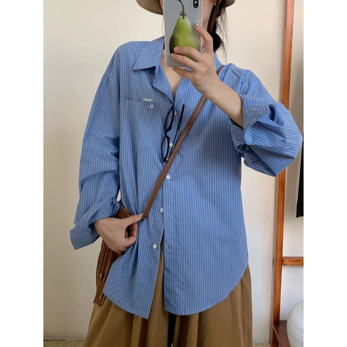 法式蓝色条纹长袖衬衫女秋