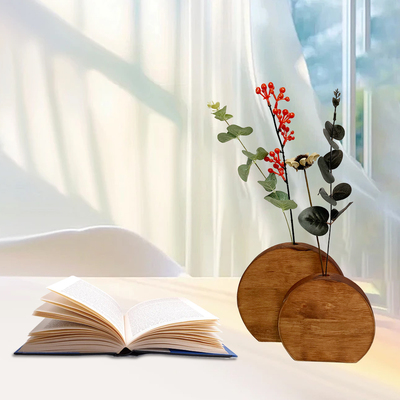 实木手工复古侘寂风花器家居办公商场桌面干花花器装饰摆件木质
