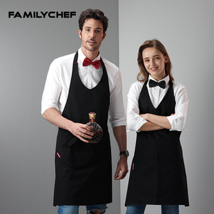 厨师围裙时尚韩式厨房家庭餐厅咖啡厅服务员吊带围裙中长V领黑色