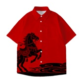 2026马年本命年短袖 夏 衬衣外套男女红色衣服潮流全彩衬衫 衬衫 开衫