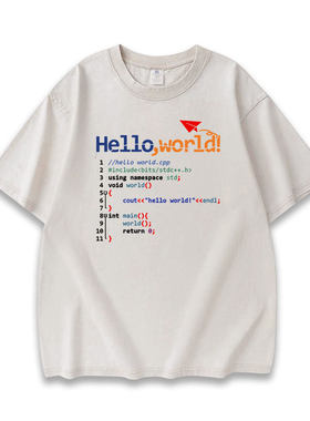 程序员python编程语言衣服hello world代码男水洗做旧重磅短袖T恤