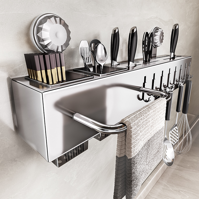 不锈钢吸盘免打孔刀架厨房壁挂式多功能锅铲刀具收纳架置物架子