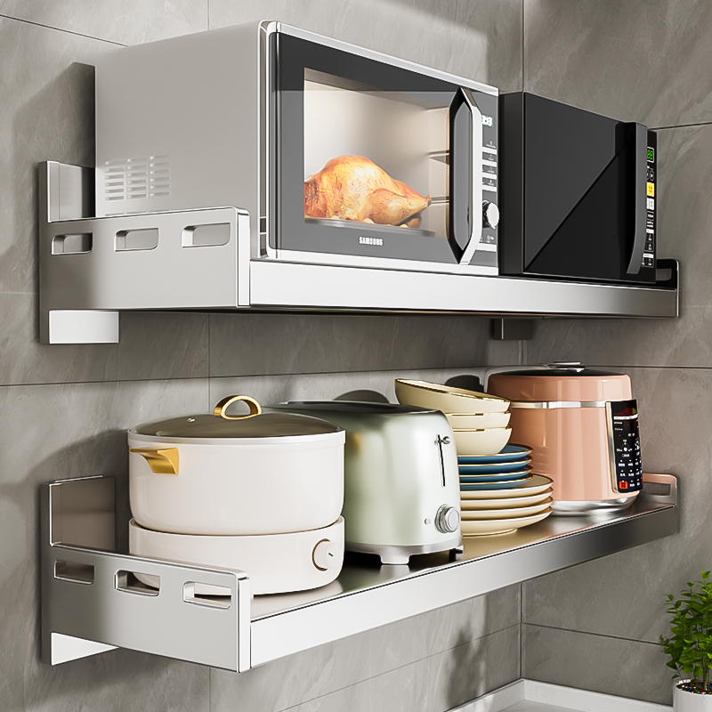 不锈钢厨房微波炉置物架壁挂式多功能免打孔挂墙壁上悬空收纳层架