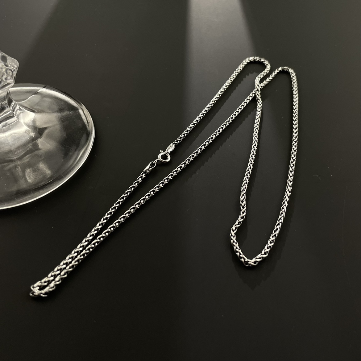 s925纯银2mm复古做旧男女款项链 潮流百搭龙骨做旧复古泰银配链