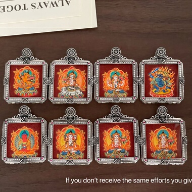 S925纯银八大守护红色唐卡佛像方牌吊坠藏式复古时尚重工高级