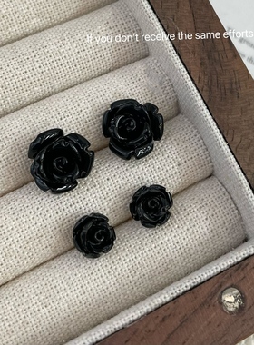 s925纯银黑色花朵耳钉小众设计时尚法式复古潮流耳饰ins风