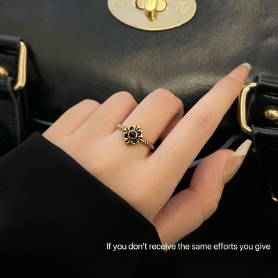 S925纯银古金色十字鸢尾花复古黑色开口戒指轻奢气质高级感食指戒