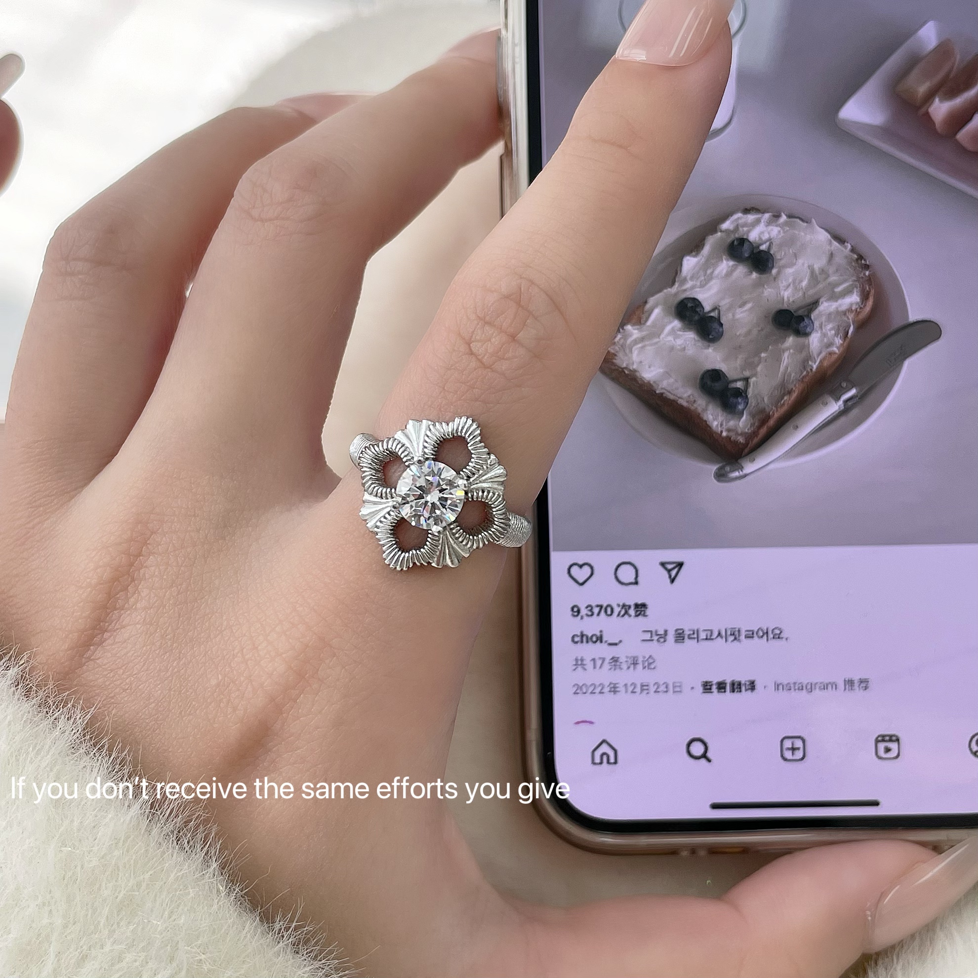 菱形镂空蕾丝闪钻戒指女开口