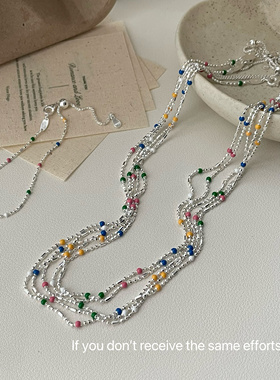 S925纯银彩虹滴釉圆珠豆豆抽拉项链精致ins小众设计时尚感锁骨链