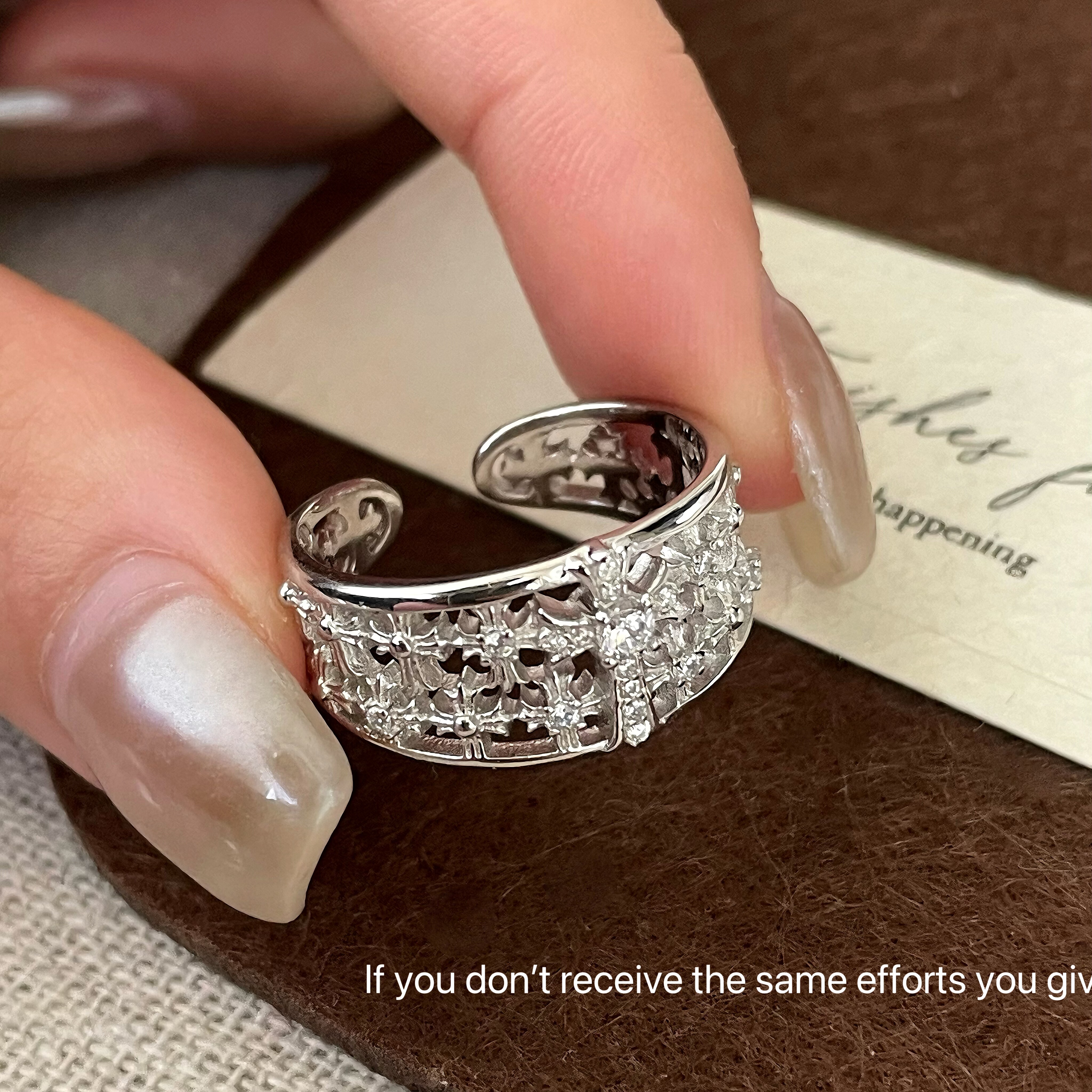 S925纯银镂空十字架镶钻克罗开口戒指女小众宽版食指戒轻奢高级