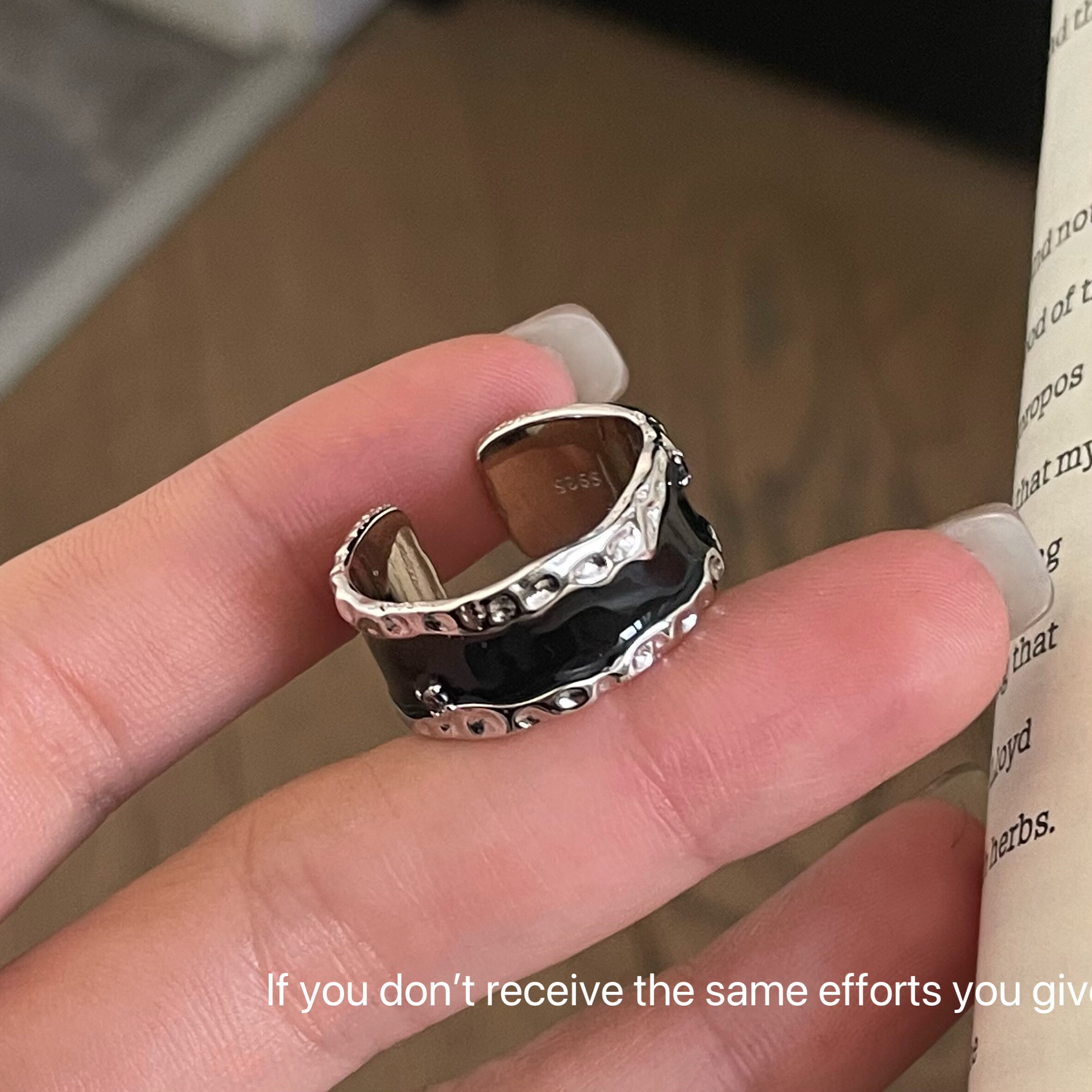 S925纯银黑色复古珐琅滴油开口戒指小众设计曲线开口食指戒时尚