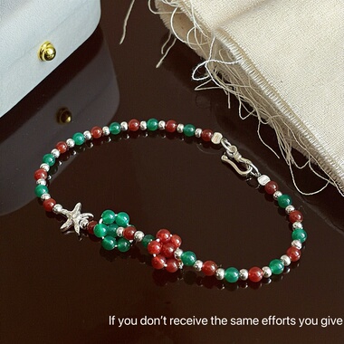 S925纯银五角星花朵红玛瑙手链ins简约百搭高级感小众设计时尚