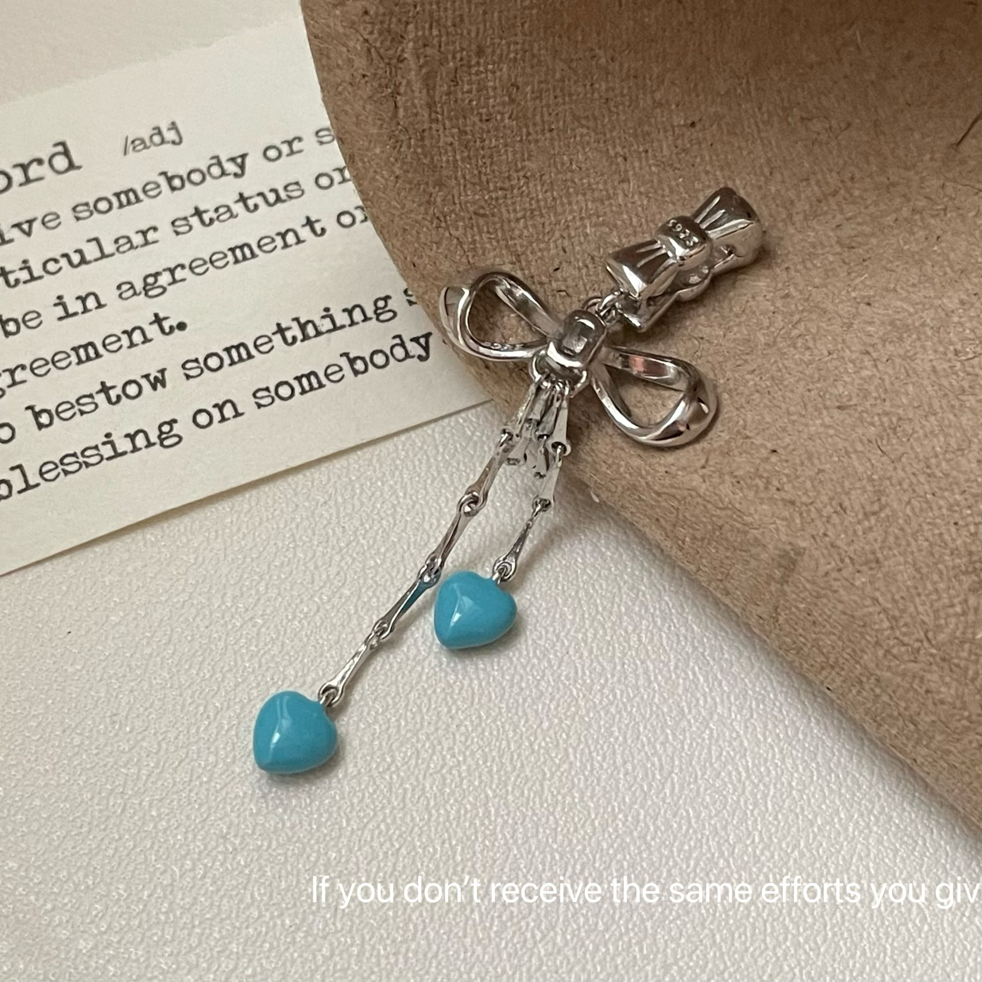 S925纯银蓝色爱心蝴蝶结立体万能扣吊坠ins小众设计时尚百搭高级