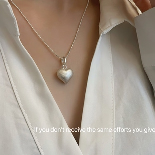 S925纯银磨砂拉丝爱心吊坠女日韩简约气质甜美桃心形锁骨链