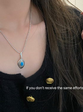 S925纯银镶嵌蓝绿松石点金羽毛吊坠复古潮流个性男女百搭时尚