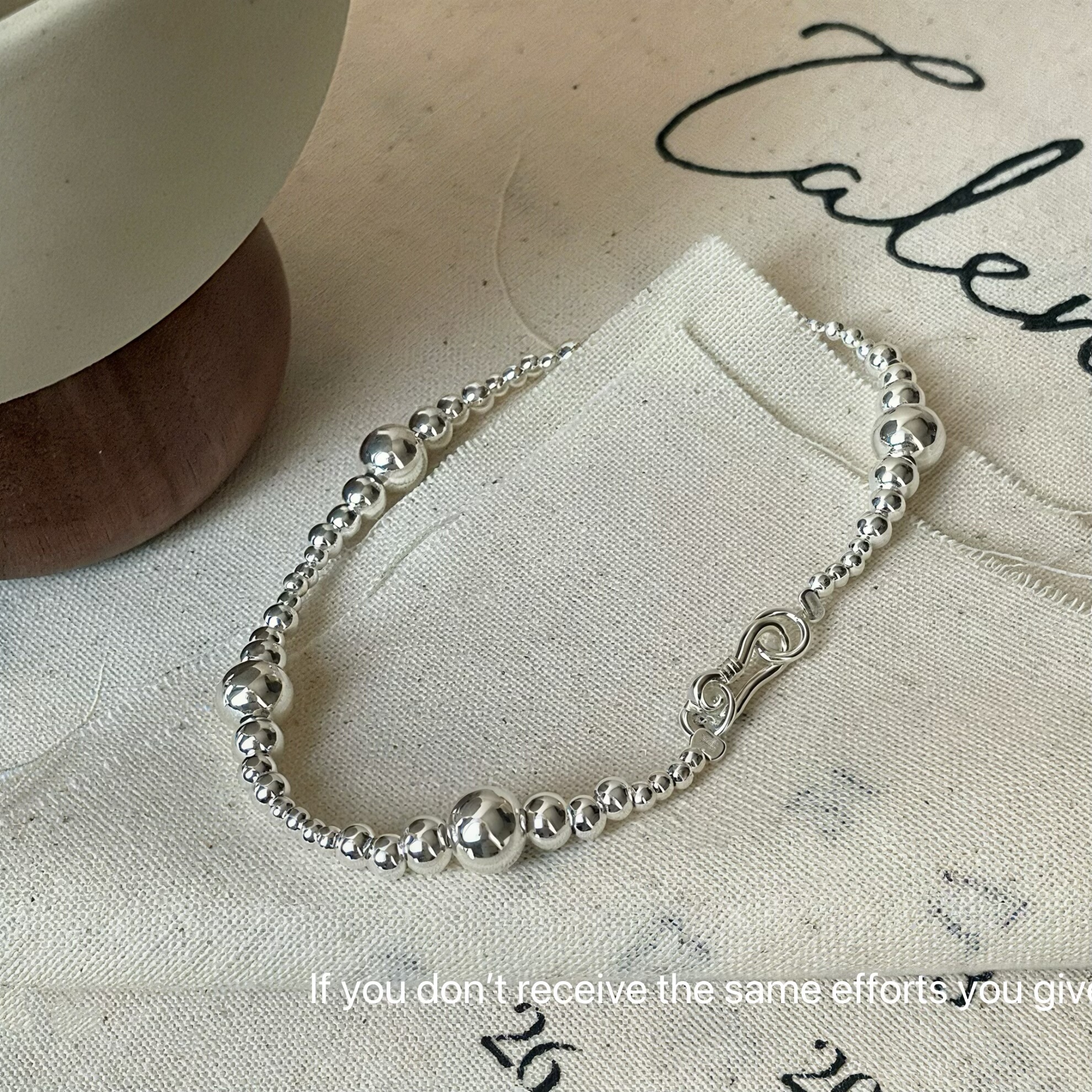 S925纯银不规则大小圆珠手链简约素圈手串百搭简约小众设计