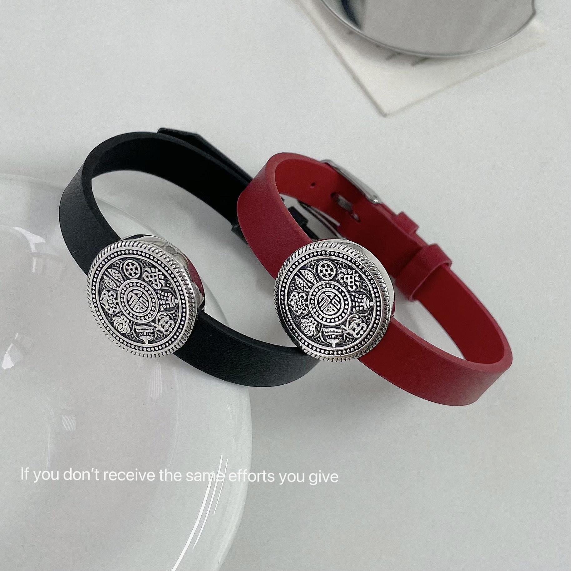 皮质手链女雕花福字八宝