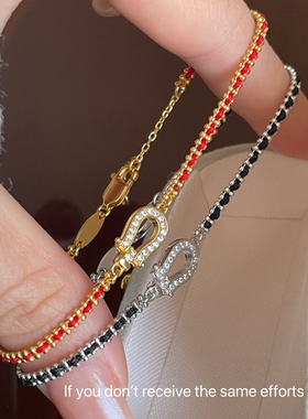 S925纯银编织马蹄扣红绳手链女精致简约本命年叠戴小众设计高级感