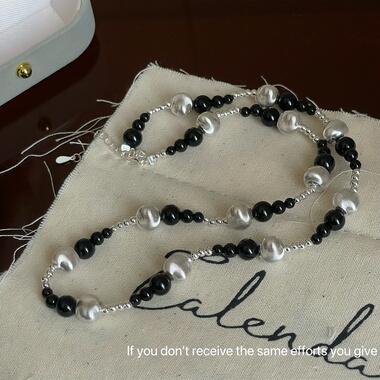 s925银超闪拉丝猫眼银珠黑玛瑙渐变项链小众极简风格日常通勤百搭