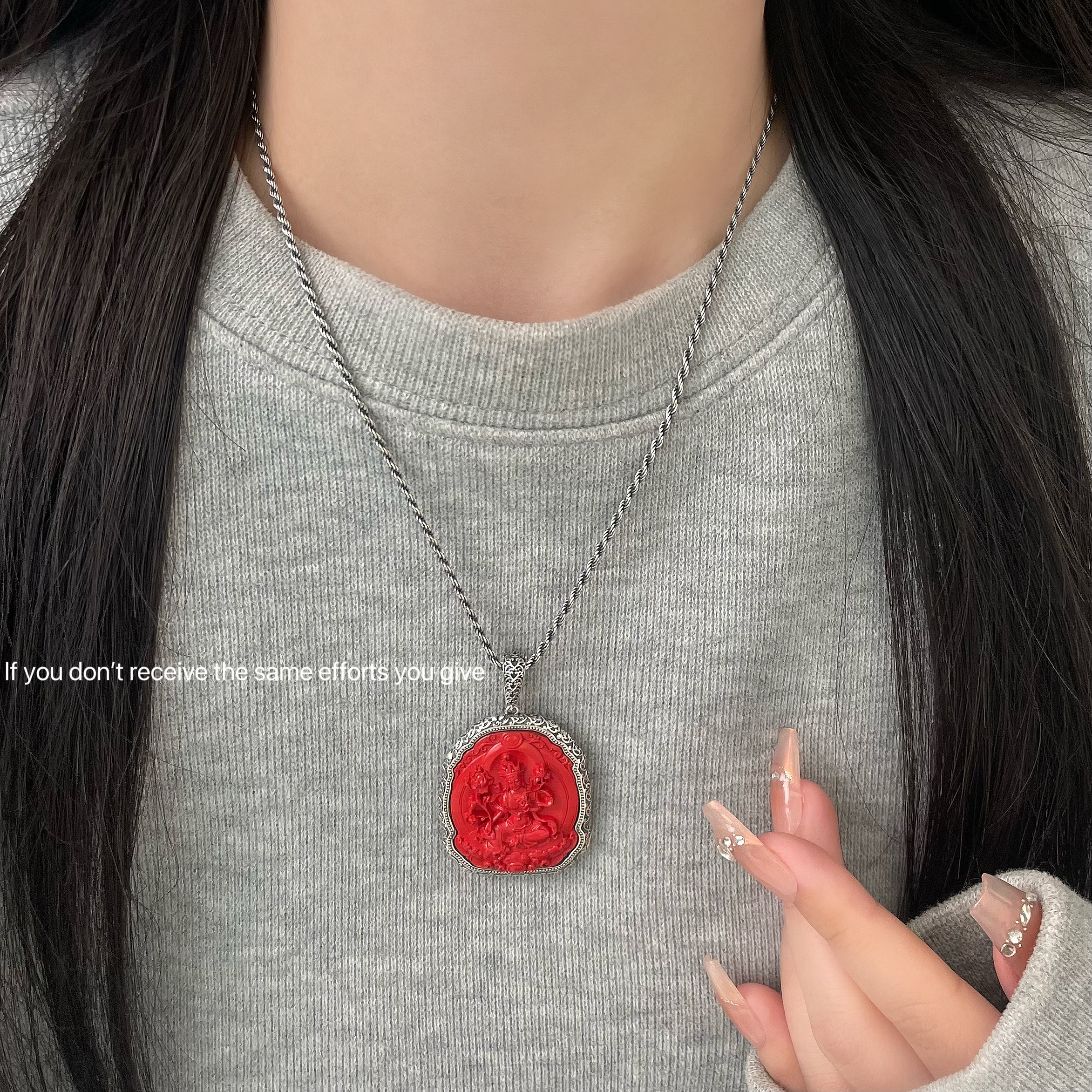 S925纯银天然朱砂精雕绿度母佛像时尚复古高级百搭款小众设计