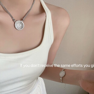 S925纯银八宝罗盘圆牌编织蕾丝抽拉手链项链ins小众设计感高级感