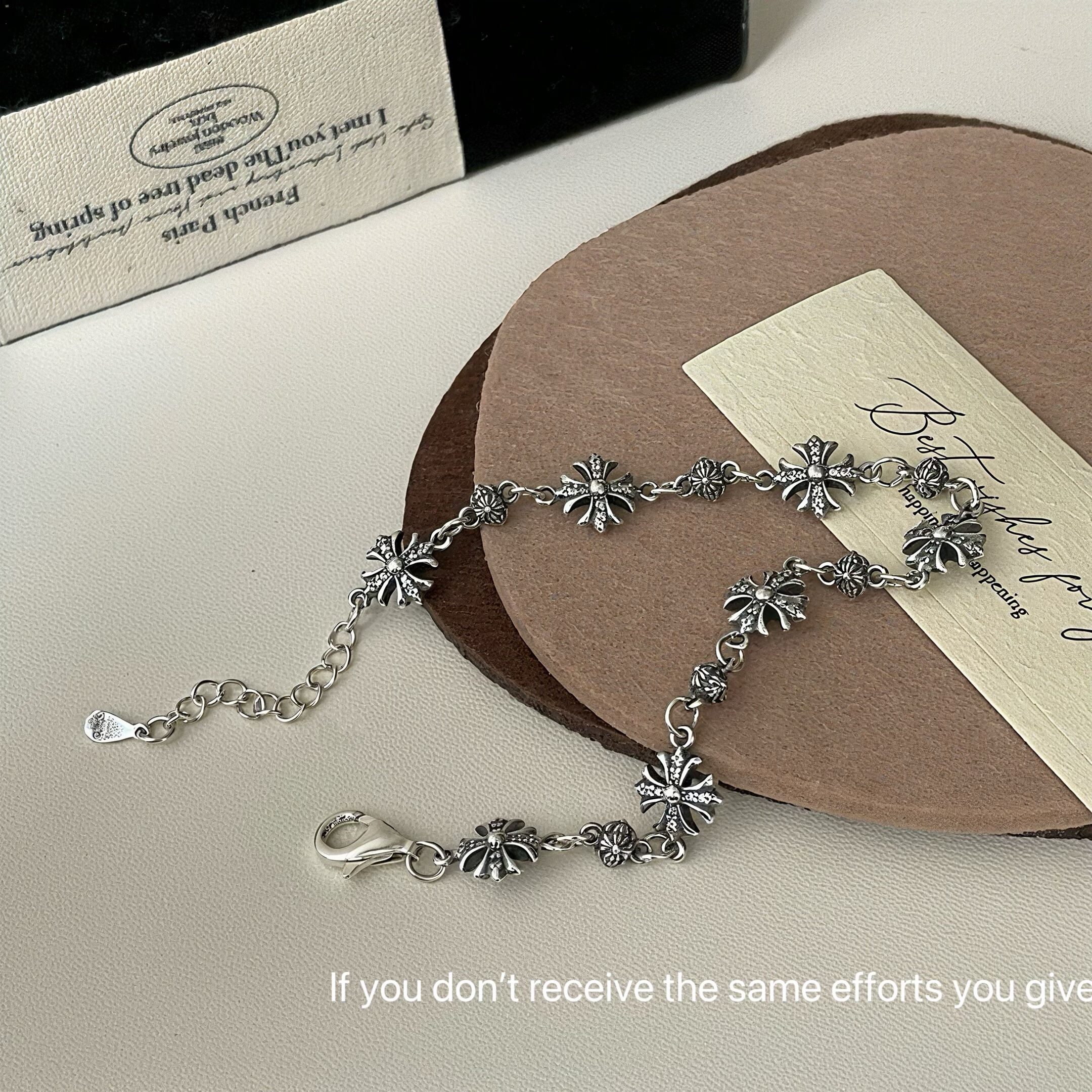 S925纯银复古十字花镶钻手链经典百搭小众设计高级感