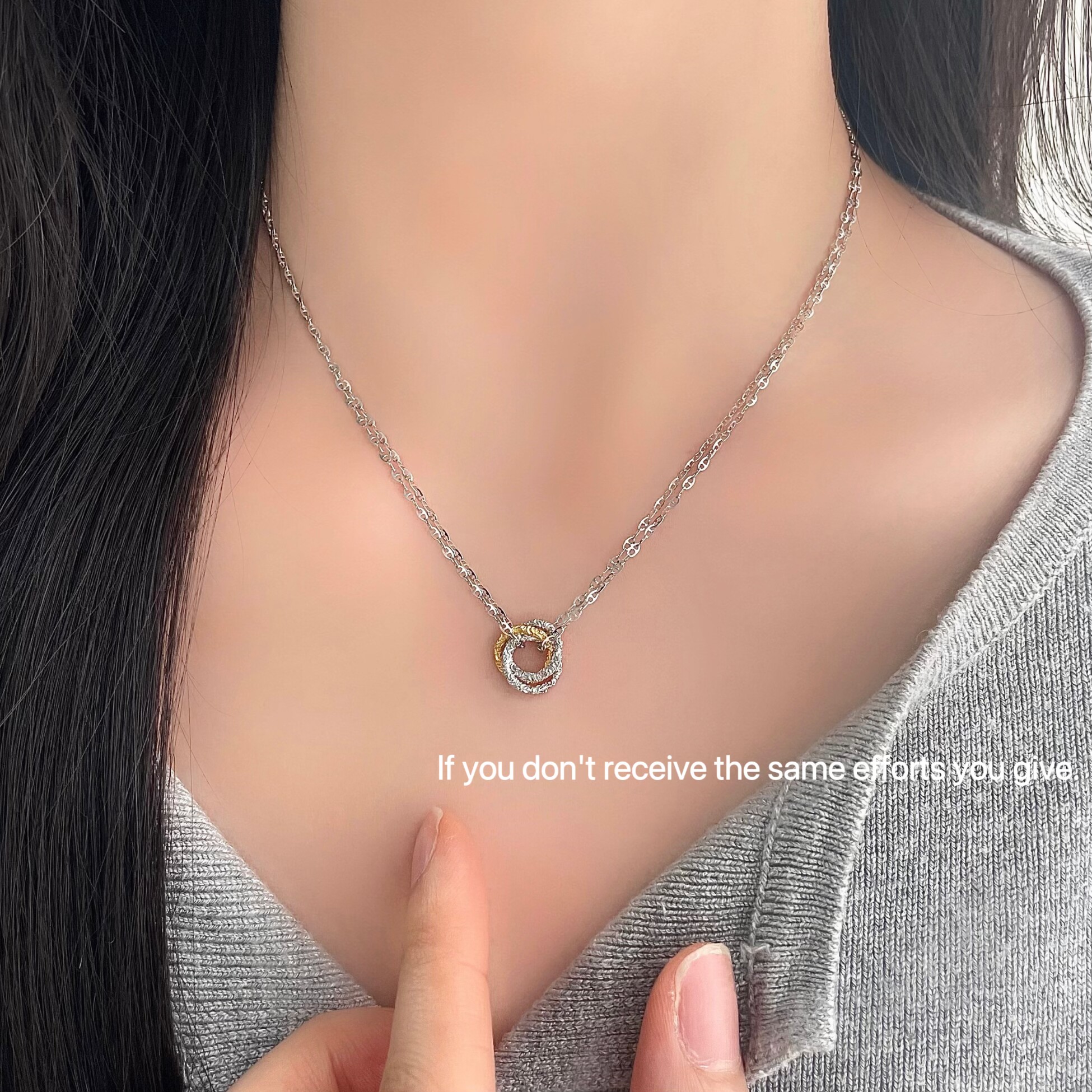 S925纯银唐草纹小圈圈设计双层猪鼻子项链简约时尚百搭链