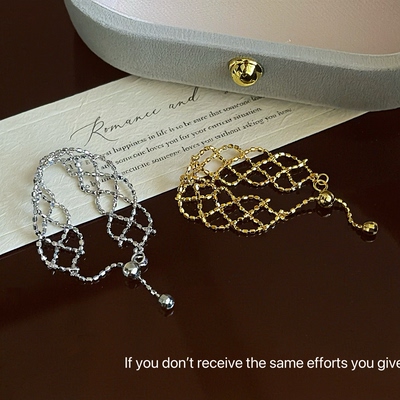 S925纯银米珠编织网纹蕾丝链条可调仙女戒指小众设计高级感法式