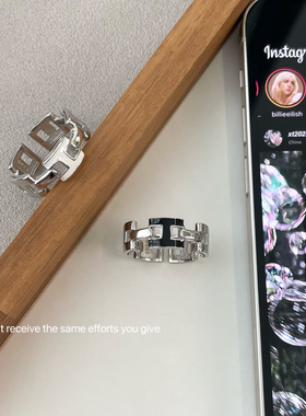 S925纯银字母H戒指女时尚轻奢简约ins冷淡风小众设计高级开口戒指