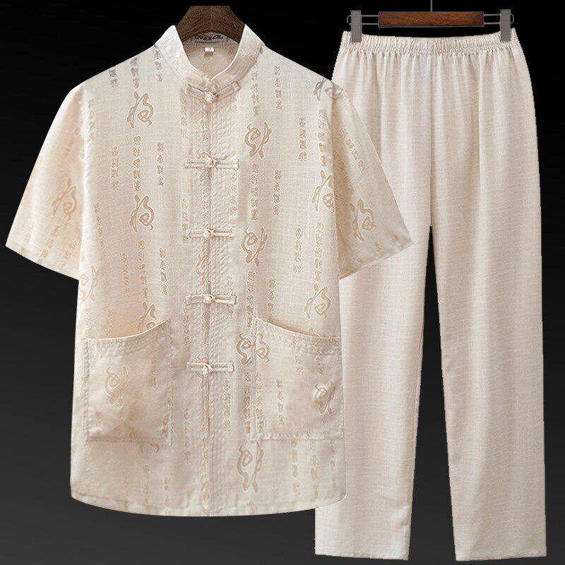 中国风棉麻唐装男爸爸短袖套装薄款中老年人亚麻爷爷夏装老人上衣