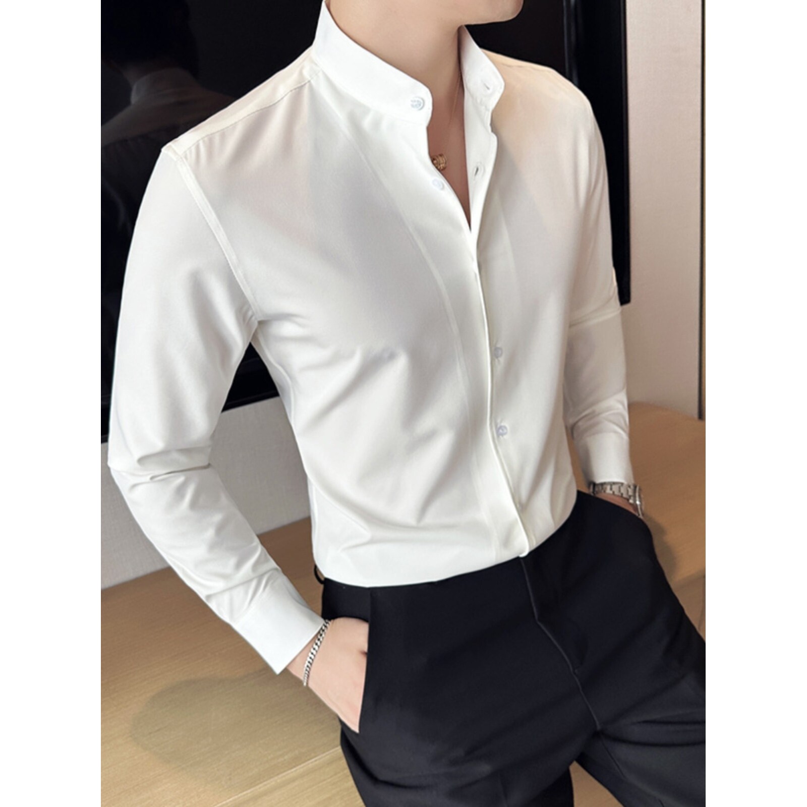立领衬衫男士长袖高级感弹力中山领商务青年短袖新中式白色衬衣