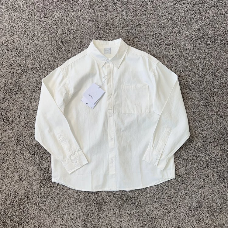 素雅纯棉 暗纹肌理条纹 宽松复古口袋翻领男士休闲长袖纯色白衬衫