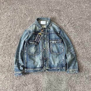 重磅水洗做旧磨破Denim 休闲牛仔夹克外套 Jacket泼墨漆点缝补男士