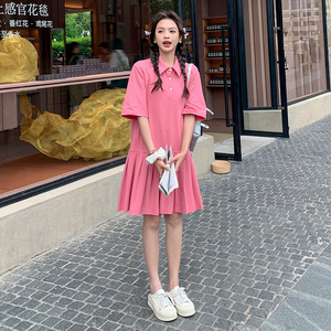 韩版甜美俏皮Polo领连衣裙女2025夏季新款法式宽松显瘦百褶短裙子图片