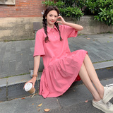 韩版甜美俏皮Polo领连衣裙女2025夏季新款法式宽松显瘦百褶短裙子，女装连衣裙，2D043