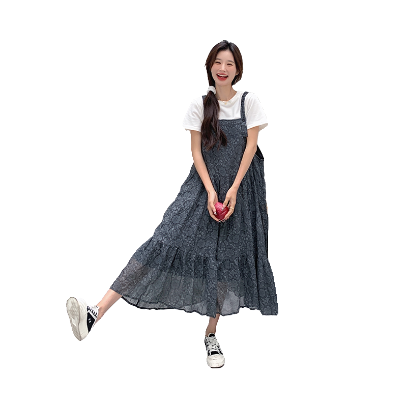 宽松慵懒风碎花背带连衣裙女夏2025年新款高级感吊带长裙两件套装,女装连衣裙,2D043