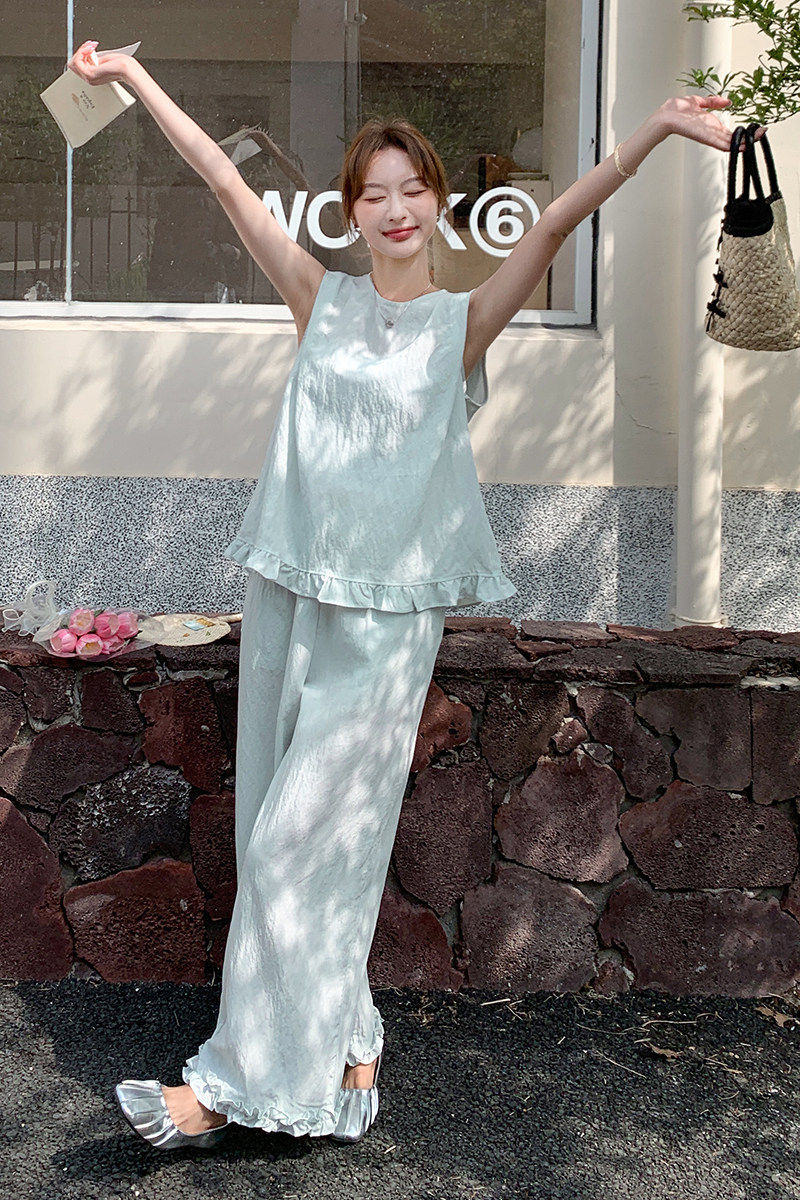 浅绿色小香风套装女2025夏新款高级感韩系无袖上衣阔腿裤两件套,女装套装/套裙,2D043
