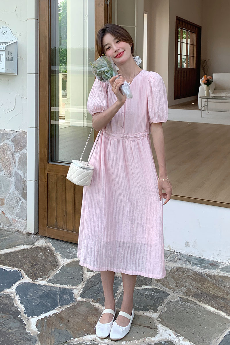 法式温柔风褶皱v领连衣裙女2025夏季新款韩版收腰显瘦减龄长裙子,女装连衣裙,2D043