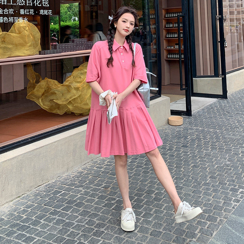 韩版甜美俏皮Polo领连衣裙女2025夏季新款法式宽松显瘦百褶短裙子图片