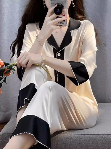 女真丝春秋季长袖长裤撞色桑蚕丝
