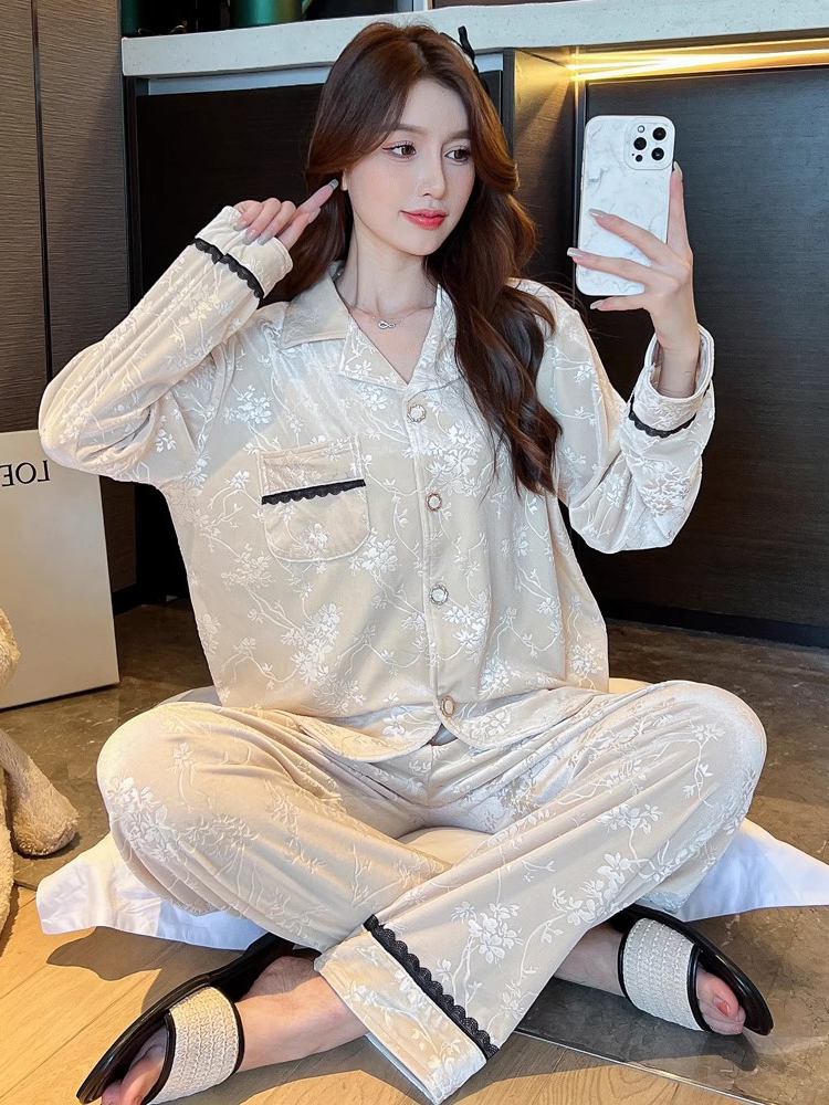 法式网红金丝绒长袖睡衣女套装