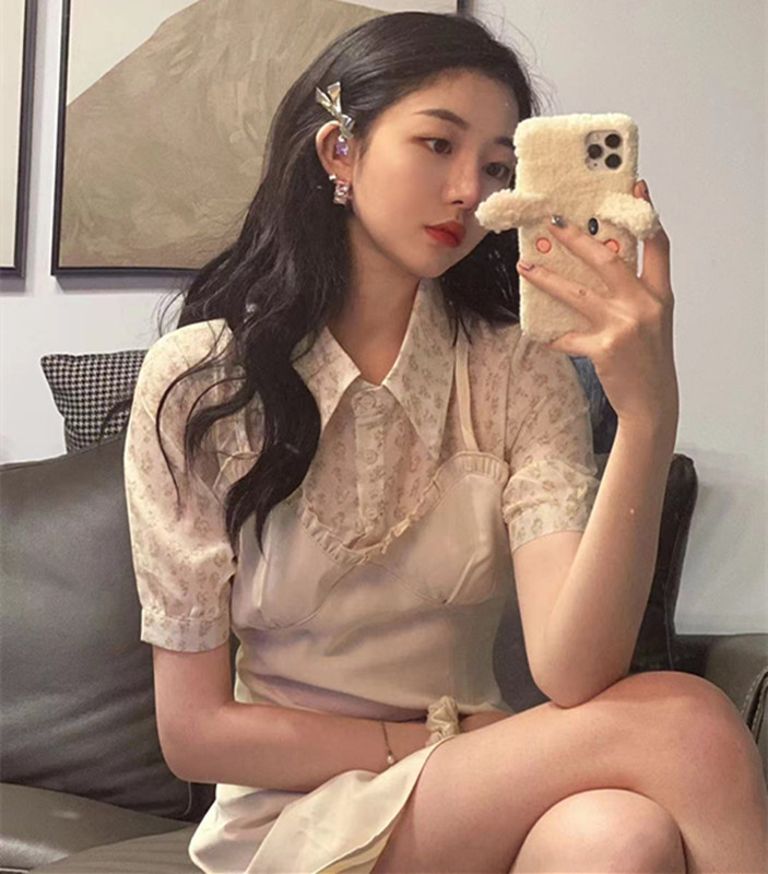 Real shot real price Korean slim Chiffon floral stitching fake two short sleeve dress