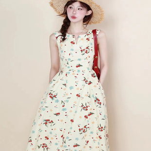 妃子笑甜美减龄花色碎花连衣裙2025夏绝美无袖长裙子