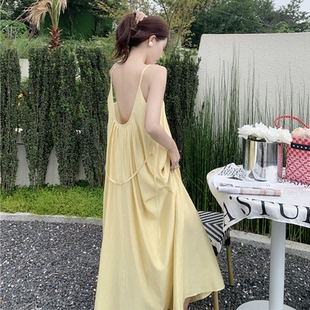 露背性感吊帶連衣裙夏顯瘦仙女裙三亞旅行穿搭長裙海邊度假沙灘裙