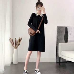 Polo领长袖T恤裙女新款2024春秋韩版大码显瘦翻领直筒打底连衣裙